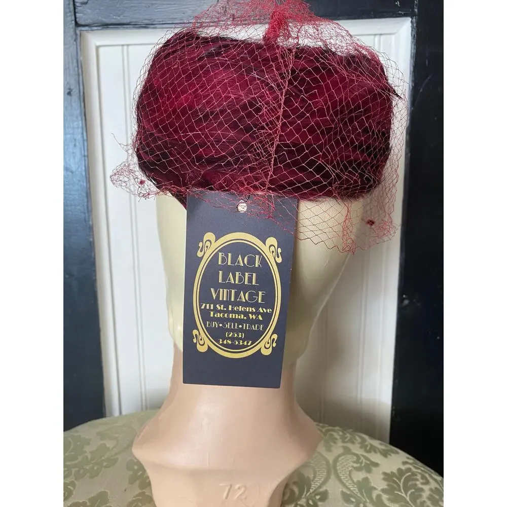 vintage 1960s maroon feather pillbox hat, 60s fashion, bird millinery, net veil